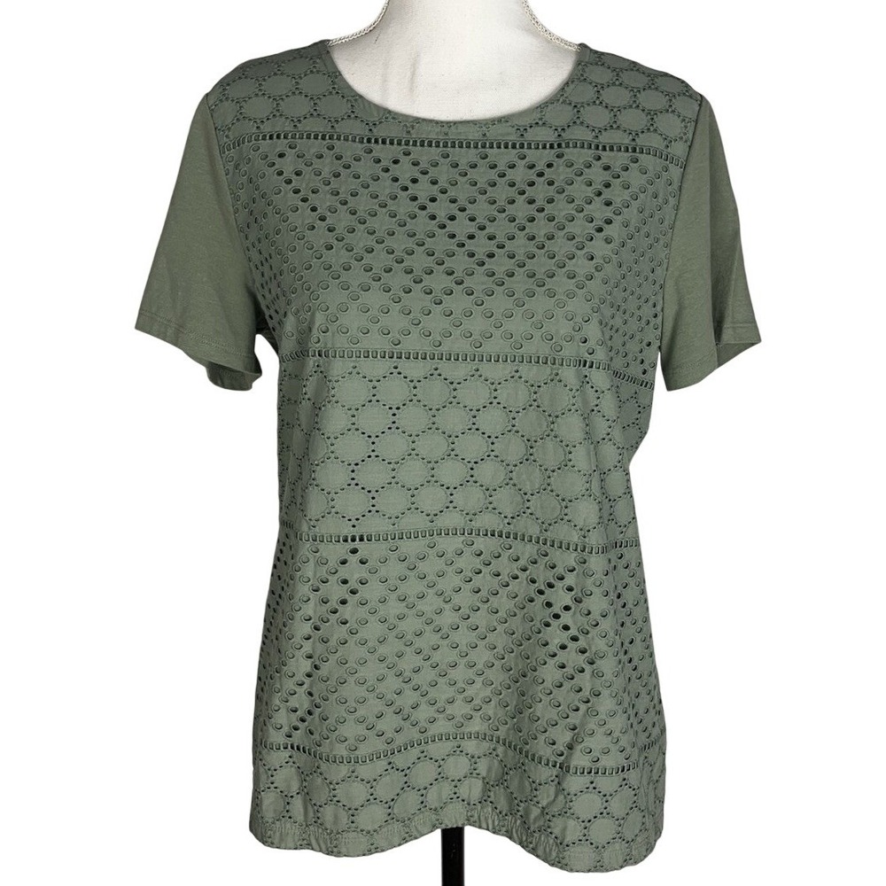 Talbots Size PETITES LP Green Eyelet Lace Front Tee Shirt Short Sleeve Cotton